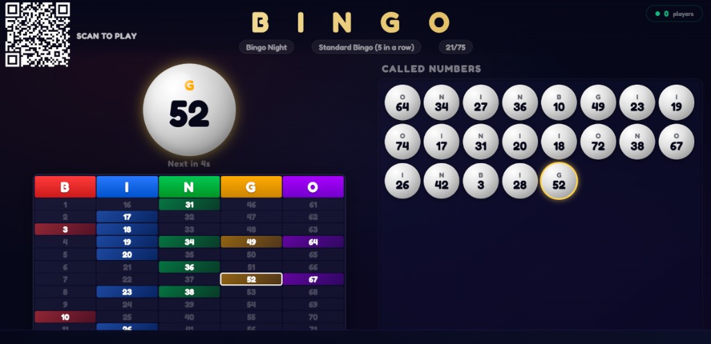 Live bingo TV digital signage for bars — auto-called numbers with QR phone play for restaurants